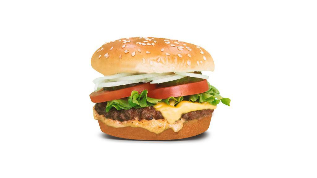 Angus Beef · 1/3 Lb. Patty| House Sauce, Leaf Lettuce, Roma Tomato, Pickles, Shaved Onions, and American Cheese