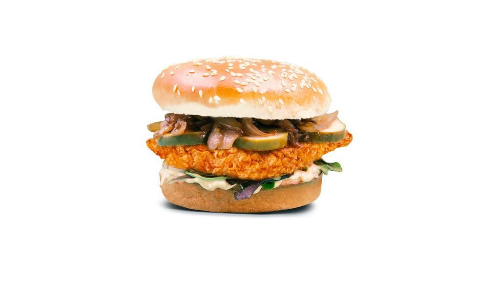 Crispy Chicken · 1/4 lb. Chicken/ House Sauce/ Grilled onions/ Mixed Greens/ Pickles/ Buffalo sauce