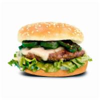 Spanish Beef Burger · 1/3 pound patty, habanero aioli, grilled jalapeño, and leaf lettuce pepper jack cheese.