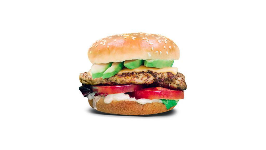 Grilled Chicken Burger · 1/4 pound chicken, chipotle aioli mixed greens, Roma tomato, avocado, Swiss cheese.
