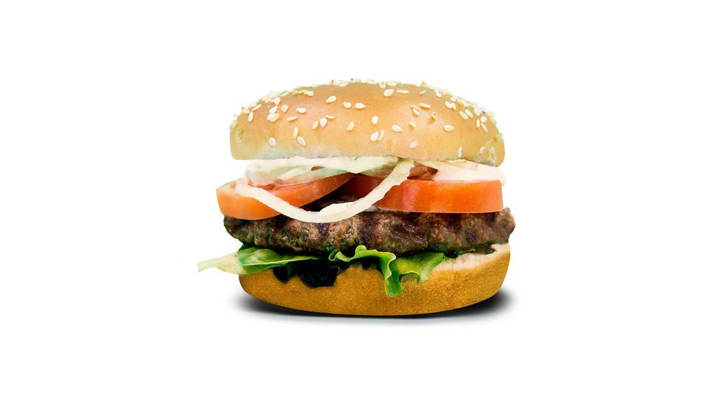 Greek Lamb Burger · 1/3 Lb. Tzaziki, mixed greens, shaved onions, and Roma tomato.