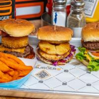 Trio Burger Combo · Three burgers. Includes Roma tomato, leaf lettuce, shaved onions, pickles, American cheese, ...