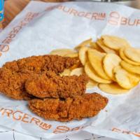 Kid'S Crispy Chicken Strips · Served with Burgerim fries & kid's drink.