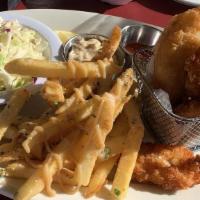Fried Shrimp Fish & Chips · breaded shrimp & beer batter fish garlic fries Cole slaw & Cajun caper aioli