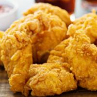 Chicken Tenders & Fries · Fresh fried battered chicken tenders on a bed of Cajun fries, served with a side of ranch dr...