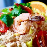 Silver Noodle Salad · Steamed silver noodles mixed with prawns, mushrooms, yellow onion, Chinese celery, cilantro ...