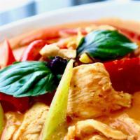 Panang Curry · Panang curry paste in coconut milk prepared with kaffir lime leaves, bell peppers and sweet ...