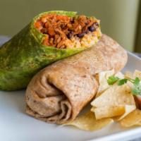 Vegan Burrito · Flour, wheat or spinach tortilla, rice, beans, vegan meat, pico de gallo, and salsa.