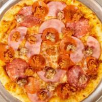 20” X Large All Meat Pizza · New York style thin crust pizza with pepperoni, salami, ham, sausage, linguica, ground beef ...