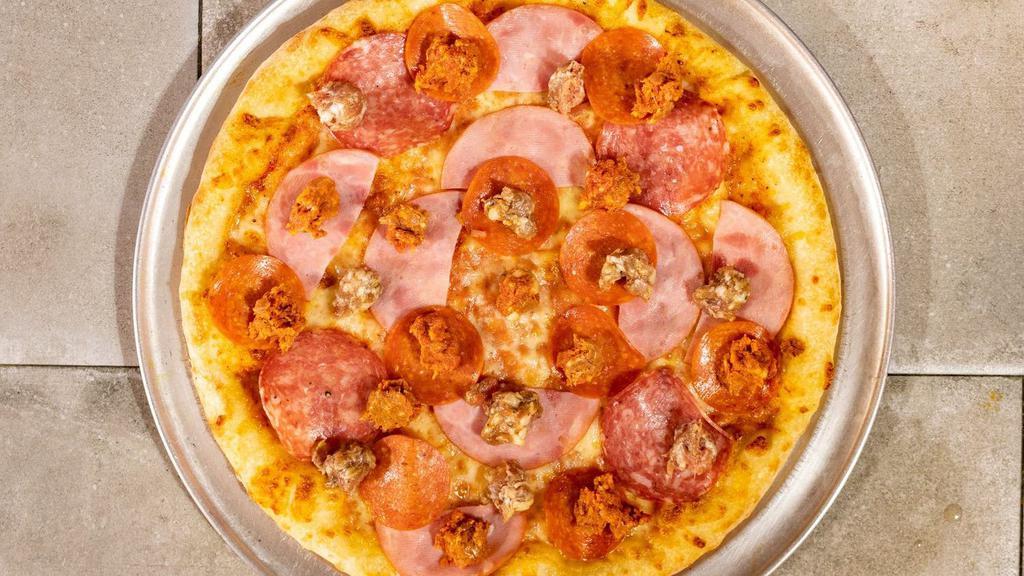 20” X Large All Meat Pizza · New York style thin crust pizza with pepperoni, salami, ham, sausage, linguica, ground beef and extra cheese.