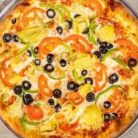 20” X Large Vegetarian Pizza · New York style thin crust pizza with mushrooms, olives, bell peppers, fresh tomatoes, fresh ...