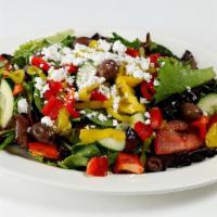 Kababbq · Mix greens, tomatoes, cucumber, peppers, feta cheese, Mediterranean olives, pepperoncini wit...