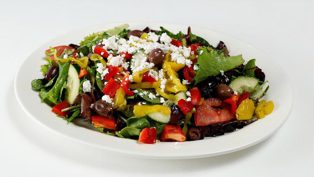 Kababbq · Mix greens, tomatoes, cucumber, peppers, feta cheese, Mediterranean olives, pepperoncini with house dressing.