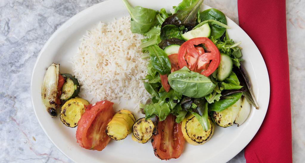 Vegetable Kabob · Fire grilled zucchini, yellow squash, red peppers, tomatoes, and onions.