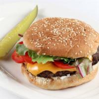 American Classic Cheeseburger · 1/2-pound sirloin beef, mayo, lettuce, tomatoes, onion served on a sesame bun.
