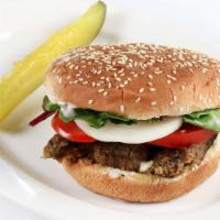 Persian Burger · Koobideh served with mayo, lettuce, tomatoes, onion on sesame bun with a side of pickle.