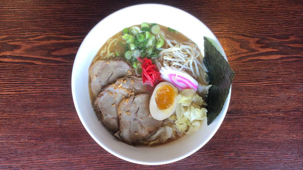 Men-Bei Ramen · *House Specialty Ramen. Noodles in special garlic flavored soup, topped with slices of pork, 1/2 boiled egg, bean sprouts, green onions, dried seaweed and ginger.