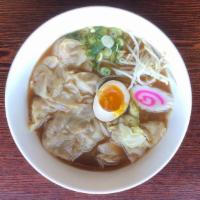 Wonton Ramen · Noodles in soysauce flavored soup, topped with homemade pork dumplings, 1/2 boiled egg, bean...