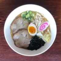 Shio Ramen · Noodles in clear soup, topped with slices of pork, 1/2 boiled egg, bean sprouts and green on...