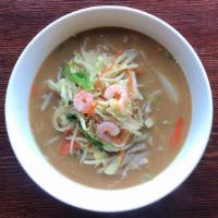 Tanmen Miso · Noodles in soybean paste flavored soup, topped with an assortment of cooked cabbage, bean sp...
