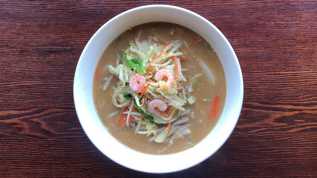 Tanmen Miso · Noodles in soybean paste flavored soup, topped with an assortment of cooked cabbage, bean sprouts, shrimp, pork and other vegetables.