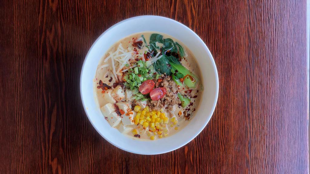 Vegan Ramen (Gluten Free) · Our creamy, rich vegan broth paste with spinach noodles, tofu, corn, bean sprouts, bok choy, green onion, topped with hot sauce.