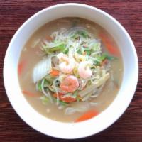 Tanmen · Noodles in clear soup, topped with an assortment of cooked cabbage, bean sprouts, shrimp, po...