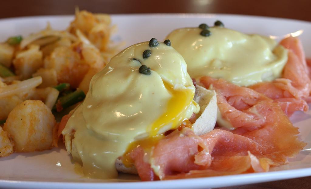 C5. Lox & Capers · Two poached eggs with smoked salmon, capers and onions on an English mufﬁn.
