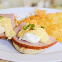 C1. Classic Egg Benedict · Two poached eggs and Canadian bacon on an English mufﬁn.