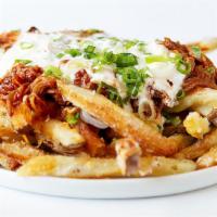 J3. Pulled Pork Fries · Smoked pork, cheese, sour cream and green onion.