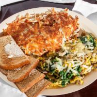 Emil's Ultimate Scramble · Spinach, diced country sausage, onion, mushrooms and Pepper Jack cheese.