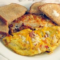 Hotlink Omelette · Diced hotlink sausage, tomato, green onion, jalapeno, triple-cheese.