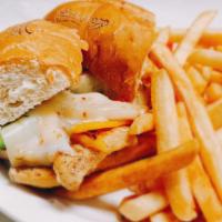 Fajita Chicken Sandwich · Grilled Seasoned Chicken Breast with Peppers, Onion & Pepper Jack Cheese on French Roll