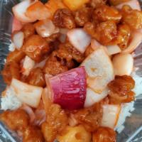 Sweet & Sour on Rice · Onion and pineapple chunks with choice of protein in sweet & sour sauce protein is extra