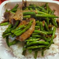 Green Beans on Rice · Sauté green bean with choice of protein. Protein is extra
