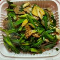 Beef with Ginger & Green Onions · Ginger, green onion sautéed