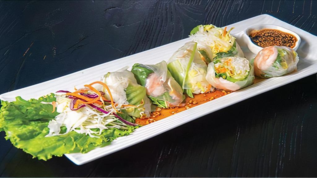 A19. Fresh Shrimp Roll · Mixed vegetable (cucumber, carrot, and lettuce), vermicelli noodle, shrimp roll with peanut sauce.
