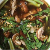 B08. Roasted Duck Noodle Soup · Noodle with boneless sliced roasted duck and yao choy in Chinese herb duck broth.