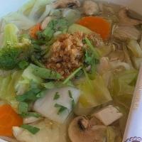B13. Mixed Vegetable Noodle Soup · Noodle with mixed vegetable (cabbage, carrot, tofu, mushroom, bean sprout and broccoli) in c...