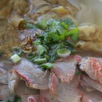 B10. Wonton Soup · Wonton soup with BBQ pork and yao choy in clear broth.