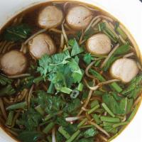B02. Beef Ball Noodle Soup · Noodle with beef balls, Chinese broccoli and bean sprout in spicy beef broth.