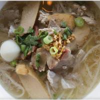 B05. Pork Noodle Soup · Noodle with sliced pork, ground pork, sliced fish cake, fish balls and bean sprout in clear ...