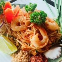C01. Pad Thai Noodle · Stir-fried thin rice noodle, shrimps, dry shrimps, egg, ground peanut, tofu and bean sprout ...