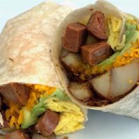 Chicken Sausage Breakfast Burrito · A nice number with onion marmalade, 2 eggs, chicken sausage, melty cheddar, home fries, and ...