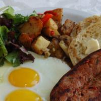 The Met Breakfast · Two eggs your style with grilled chicken sausage, English muffin, and home-fried potatoes.