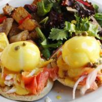 The Tate Poached Eggs · Two poached eggs with smoked salmon, goat cheese, red onions and capers on English muffins, ...