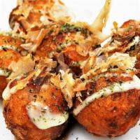 Takoyaki · Japanese Style Wheat Cakes w/ Octopus, Japanese Soy, Sweet Mayo, Seaweed Powder, Bonito Fish...