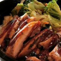 Teriyaki Chicken Bowl · Teriyaki Chicken, Steamed White Rice, Stir Fried Veggies (carrots, cabbage, broccoli), Teriy...