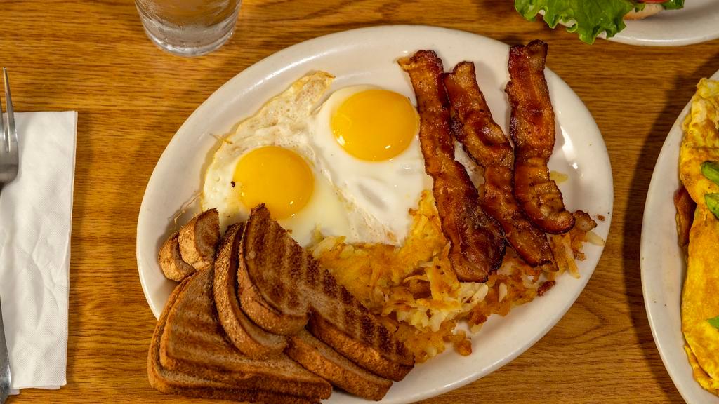 2 Eggs with Bacon · Served with hash browns and toast.