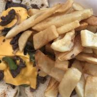 Philly with Onions, Mushroom & Bell Pepper · Served with french fries or salad